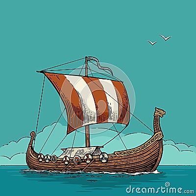 Drakkar floating on the sea waves Vector Illustration