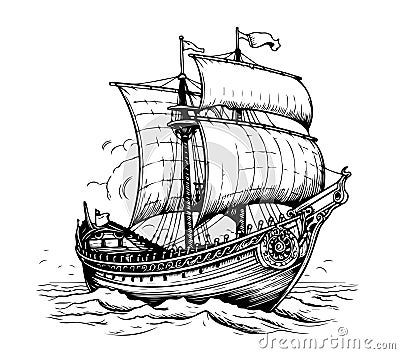 Drakkar floating on the sea waves. Hand drawn design element sailing ship. Vintage vector engraving illustration for Vector Illustration