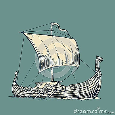 Drakkar floating on the sea waves. Hand drawn design element sailing ship Vector Illustration