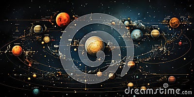 Dramatic abstract space solar landscape. Planets, stars, and moons in a supernova. Science fiction art. Stock Photo