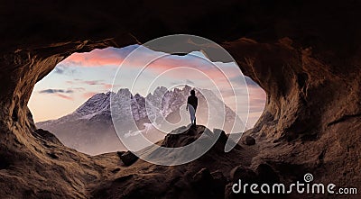 Dramatic Adventurous Scene with Woman standing inside a Rocky Cave Landscape. Stock Photo