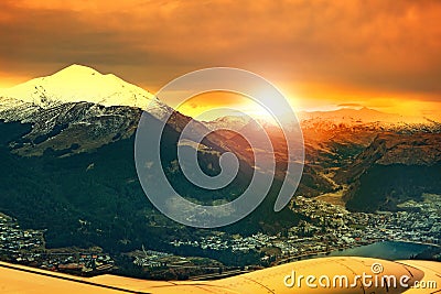 Dramatic aerial view plane window of queenstown south land new z Stock Photo