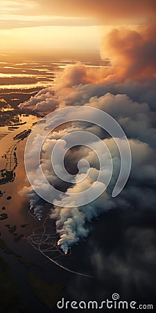 Dramatic Aerial View: Smoke Burning Above Water And Clouds Stock Photo