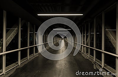 Abstract amazing view on abandoned structure long dark hallway, corridor Stock Photo