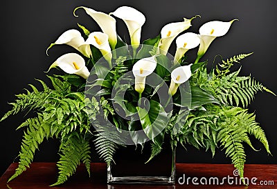 A dramatic arrangement of calla lilies and ferns Stock Photo