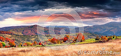 Dramatic autumn panorama in the mountain village Stock Photo