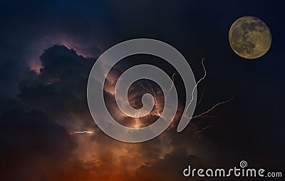 Dramatic Moon orbit planet Earth. lightnings in sunset sky with dark clouds Stock Photo