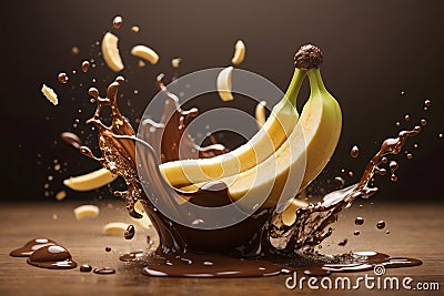 Dramatic Banana Jump into a Chocolate Fountain Stock Photo