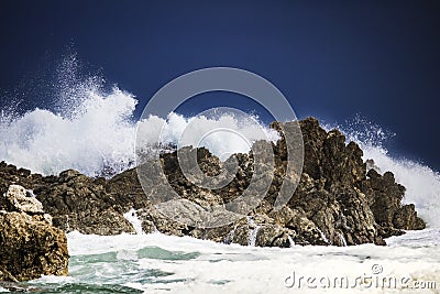 Dramatic big stormy crashing waves splash. Kleinmond, Western Cape, South Africa. Stock Photo