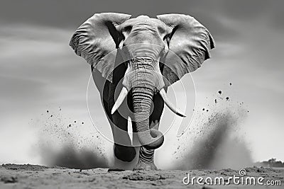 dramatic black and white image of a charging bull elephant Stock Photo