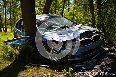 Dramatic Car Crash Scene into a Tree. Stock Photo