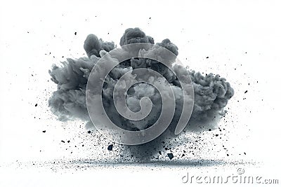A dramatic cloud of smoke and debris bursting forth, creating an abstract pattern on a white canvas. Stock Photo