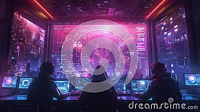 Futuristic Control Room: Video Game Developers Strategizing Over Digital Maps and Data Stock Photo
