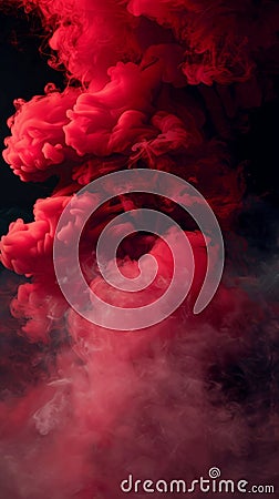A dramatic display of red smoke curling against a pitch-black canvas, creating a sense of motion and fluidity. Stock Photo