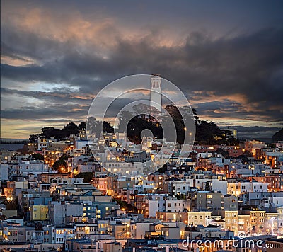 Dramatic Dusk over Coit Tower on Telegraph Hill via Russian Hill Stock Photo