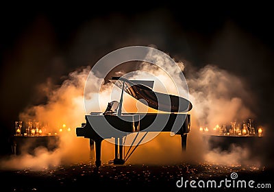 Dramatic environment with smoke and fog with piano silhouette on a stage. Music time. AI generated Stock Photo