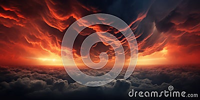 Dramatic And Fiery Red And Black Sky Clouds Resembling Thunderclouds Create A Fantastic And Magical Stock Photo