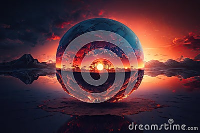 a dramatic, fiery sunrise over a globe Stock Photo