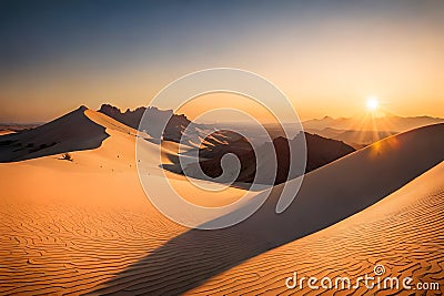 A dramatic, fiery sunset over a rugged desert landscape, casting long shadows over the sand dunes Stock Photo