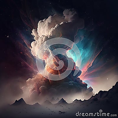Dramatic formation of colourful bright clouds in the dark cosmic sky Stock Photo