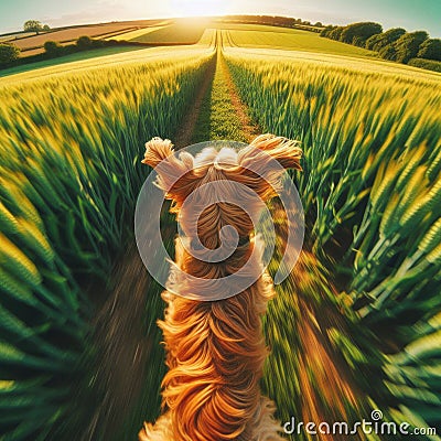 Dramatic GoPro viewpoint of excited dog running through a field Stock Photo