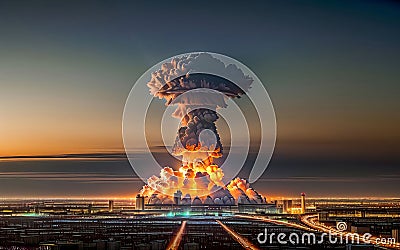 Dramatic image of an atom bomb exploding in a modern city at dusk, created with Generative AI technology Stock Photo