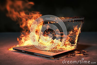 Dramatic Image of a Laptop Engulfed in Flames, Symbolizing Tech Troubles and Digital Disasters, created with Generative AI Stock Photo