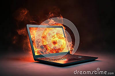 Dramatic Image of a Laptop Engulfed in Flames, Symbolizing Tech Troubles and Digital Disasters, created with Generative AI Stock Photo