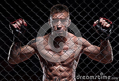 Dramatic image of a mixed martial arts fighter standing in an octagon cage. The concept of sports, boxing, martial arts Stock Photo