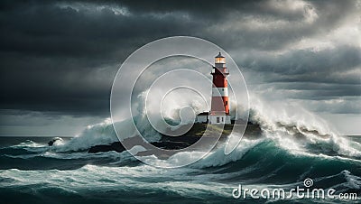 A dramatic and intense background featuring a stormy sky, crashing waves, and a lighthouse standing tall against the elements. Stock Photo