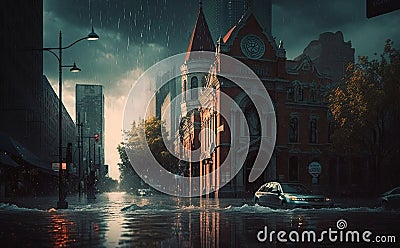 Dramatic inundation in the streets of a fictional city Stock Photo