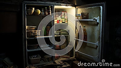 Dramatic Lighting In A Cluttered Kitchen: An Old Fridge In A Worn Building Stock Photo