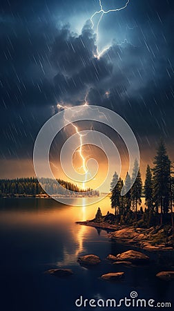 Dramatic Lightning Storm Illuminating Night Sky over Serene Moonlit Lake AI Generated Cartoon Illustration