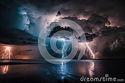Dramatic lightning storm over a lake with dark stormy clouds Stock Photo