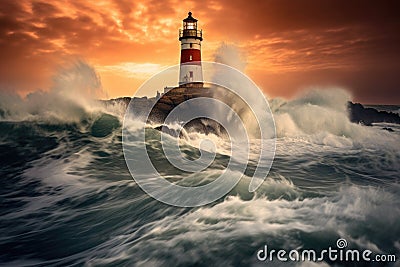 dramatic long exposure of waves crashing near a lighthouse Stock Photo