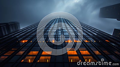 A dramatic low-angle shot of a skyscraper reaches into the cloudy sky at dusk, with warm lights glowing through windows Stock Photo