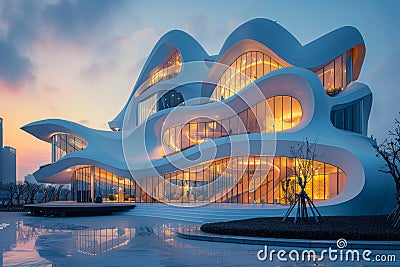Dramatic modern architecture featuring angular structures and bold shadows at sunset. AI generated. Stock Photo