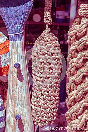 Dramatic and moody shot of knitted products displayed in a shop Stock Photo