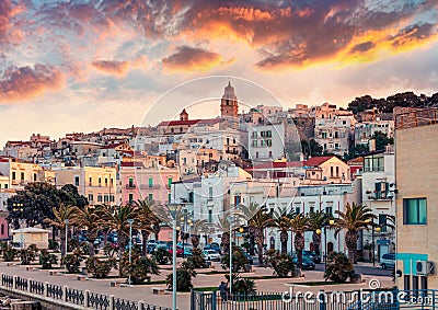Dramatic morning view of central park of Vieste town. Fantastic spring sunrise in Apulia, Italy, Stock Photo