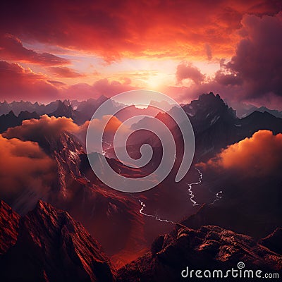 Dramatic Mountain Sunset, Landscape, Sky, Orange, Red Stock Photo