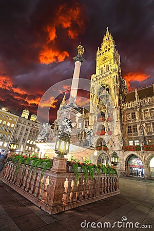 Dramatic night view of Marienplatz and Munich city hall Editorial Stock Photo