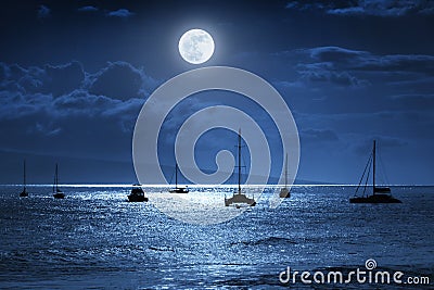 Dramatic Nighttime Ocean Scene With Beautiful Full Blue Moon in Lahaina on the island of Maui, Hawaii Cartoon Illustration
