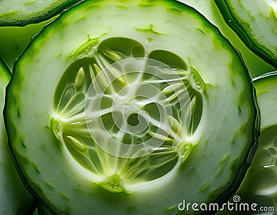 A dramatic overhead shot of a sliced cucumber with overlapping pieces arranged in a concentric circular pattern Stock Photo