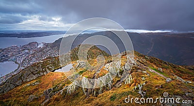 Panoramic landscape of mountains from Mount Ulriken Stock Photo