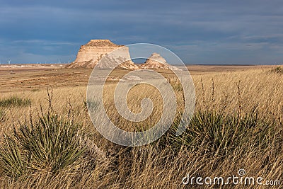 The Dramatic Pawnee Buttes rise Above the National Grasslands. Stock Photo