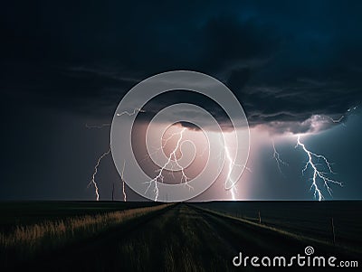 Lightning Strikes in a Dark, Stormy Night Sky Stock Photo