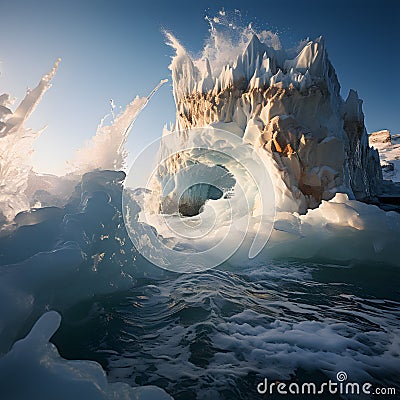 dramatic photograph showcasing power, grandeur of iceberg as it breaks apart. AI Generated, Generative AI Stock Photo