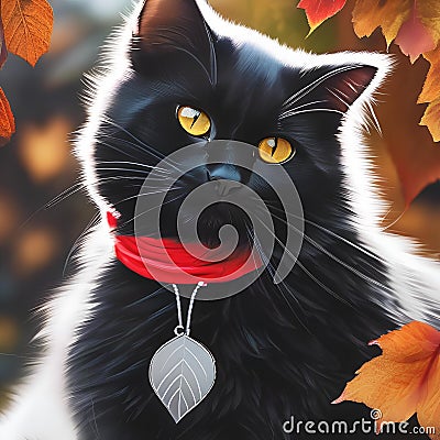 A dramatic portrait of a sleek black cat against a backdrop of autumn leaves2 Stock Photo