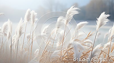 Dramatic Rain-Laden Tall Reeds by a Pond's Edge AI Generated Cartoon Illustration