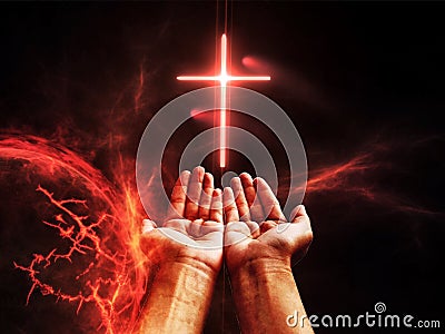 Dramatic religious background hell realm, bright lightnings in dark red apocalyptic sky, judgement day Stock Photo